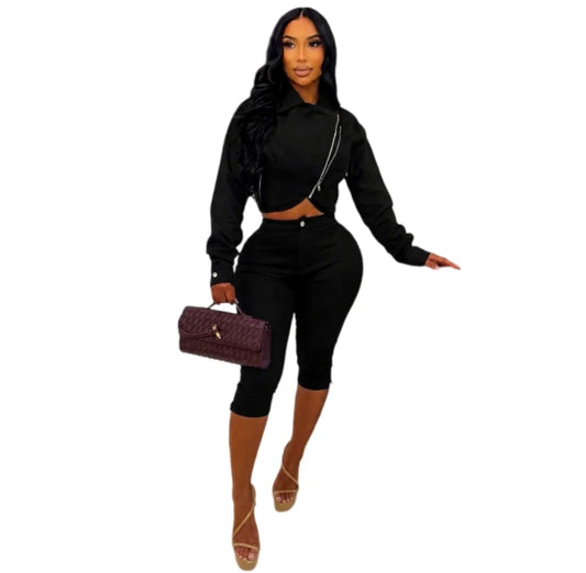 Suede Zip Crop Jacket and Capri Pants Set
