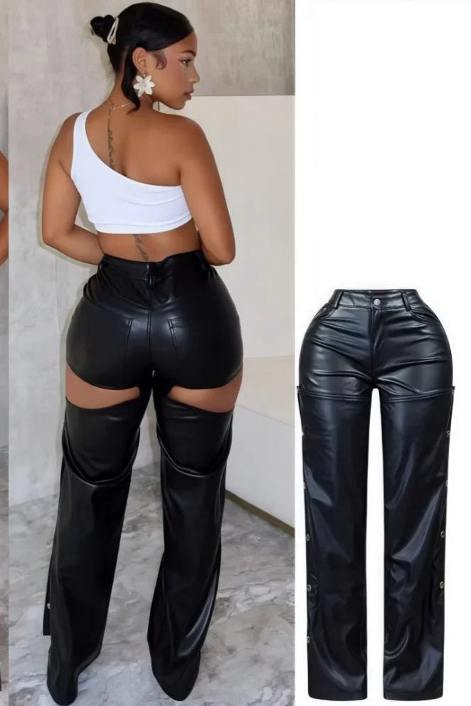 Leather Peek a boo Hollow Button Pants