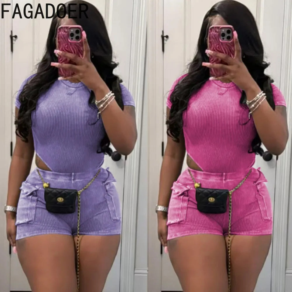Stretchy Bodysuit Pockets Short Set