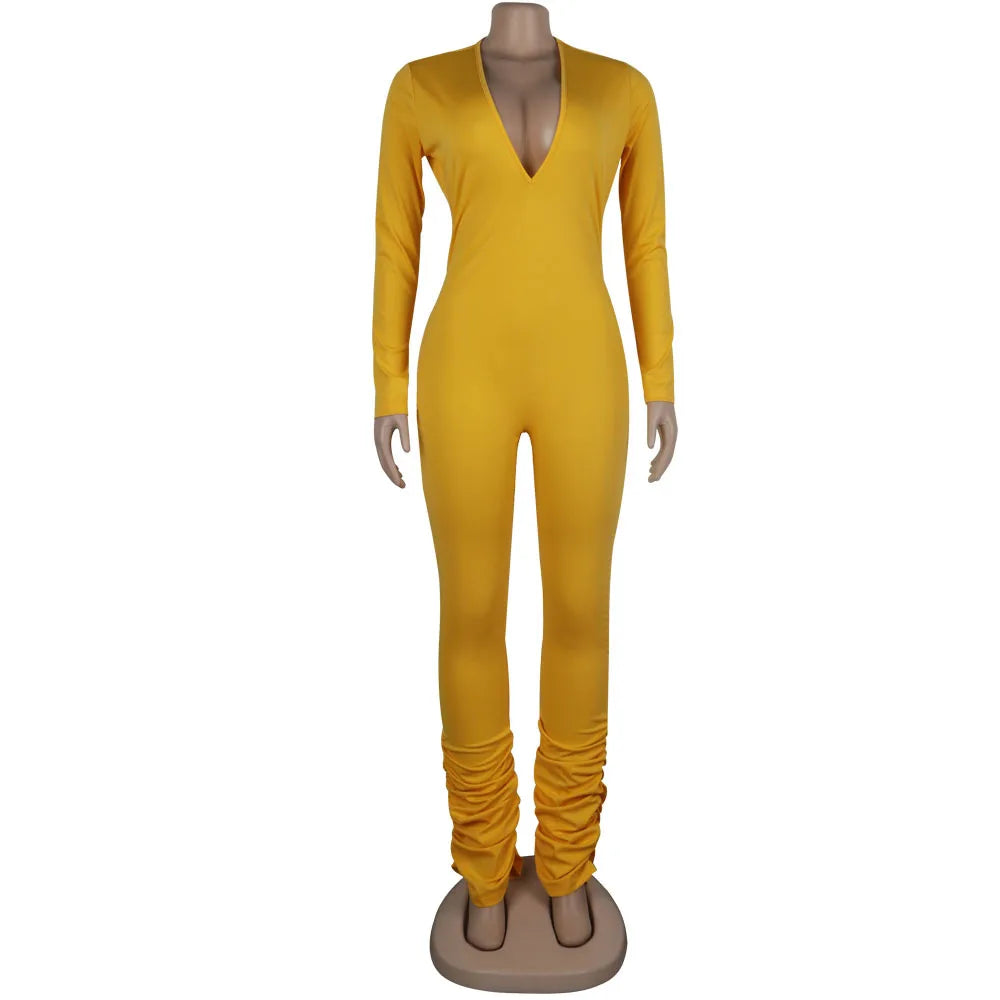 Deep V-Neck Bodycon Ruched Stacked Jumpsuit