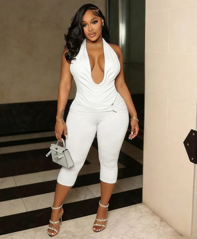Print V-Neck Halter Two-Piece Set