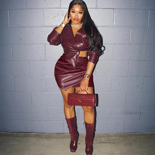 Solid Leather V Collar Bodycon Skirt Set
