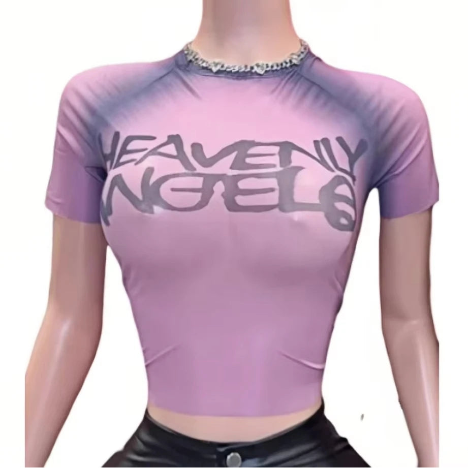 Purple t-shirt with 'Heavenly Angels' text on a mannequin against a white background