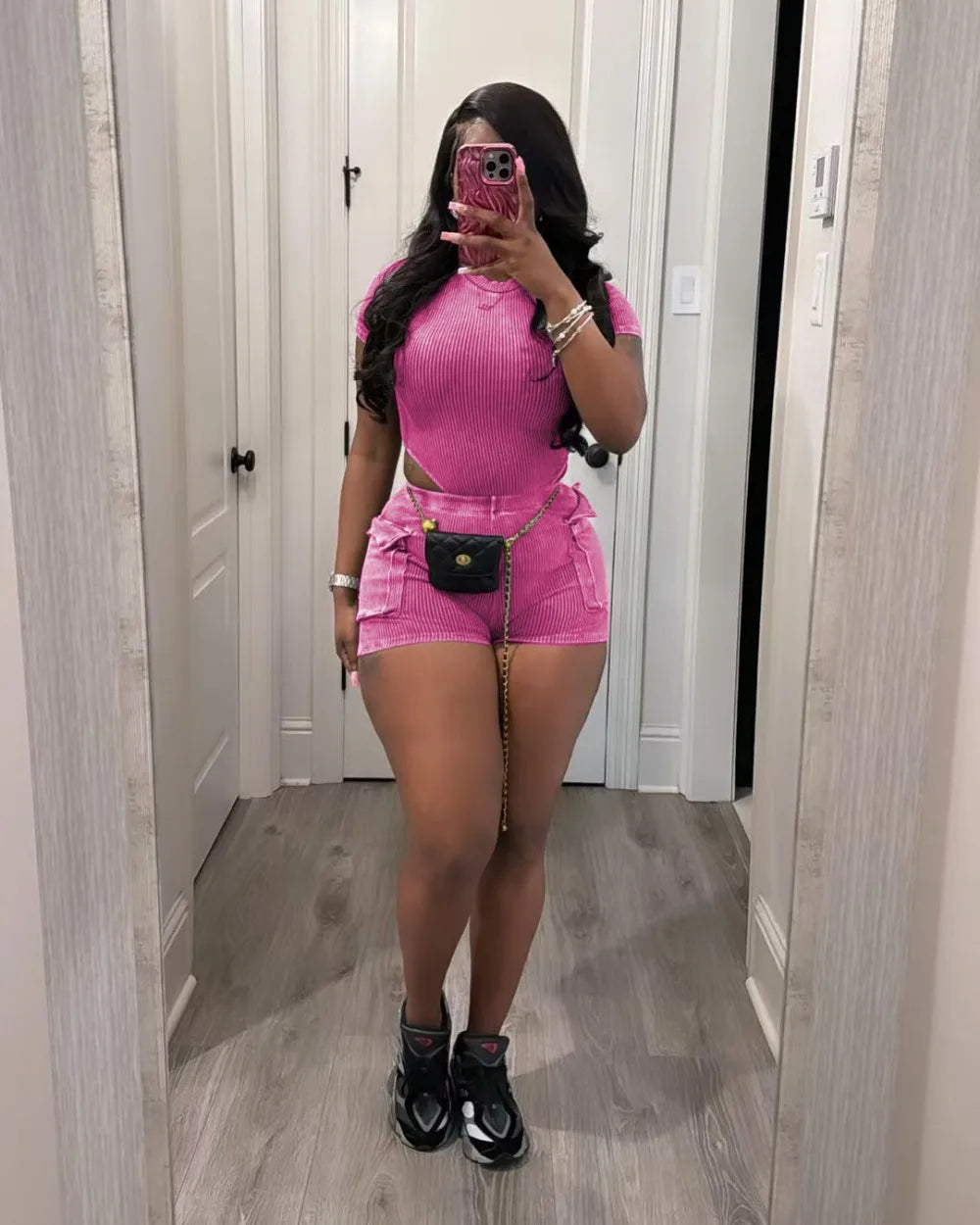Stretchy Bodysuit Pockets Short Set