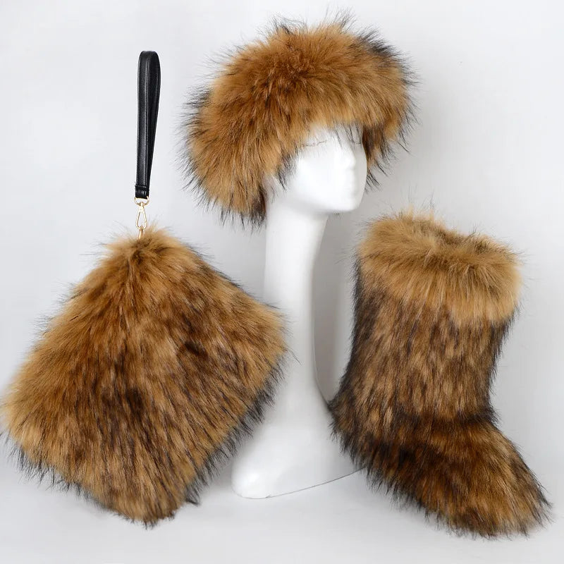Fox Fur Snow Boots Headband and Handbag Set