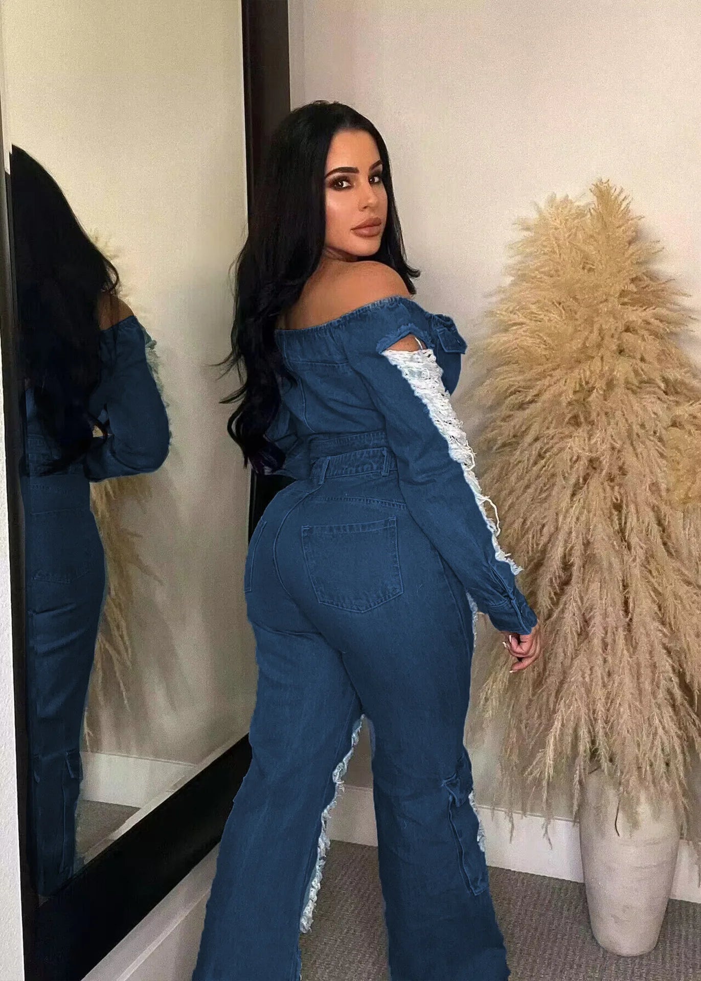 Ripped High Waist Cargo Pocket Jeans