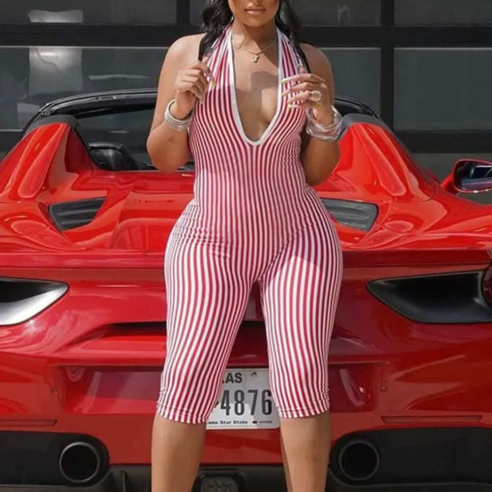 Striped V-neck Backless Jumpsuit
