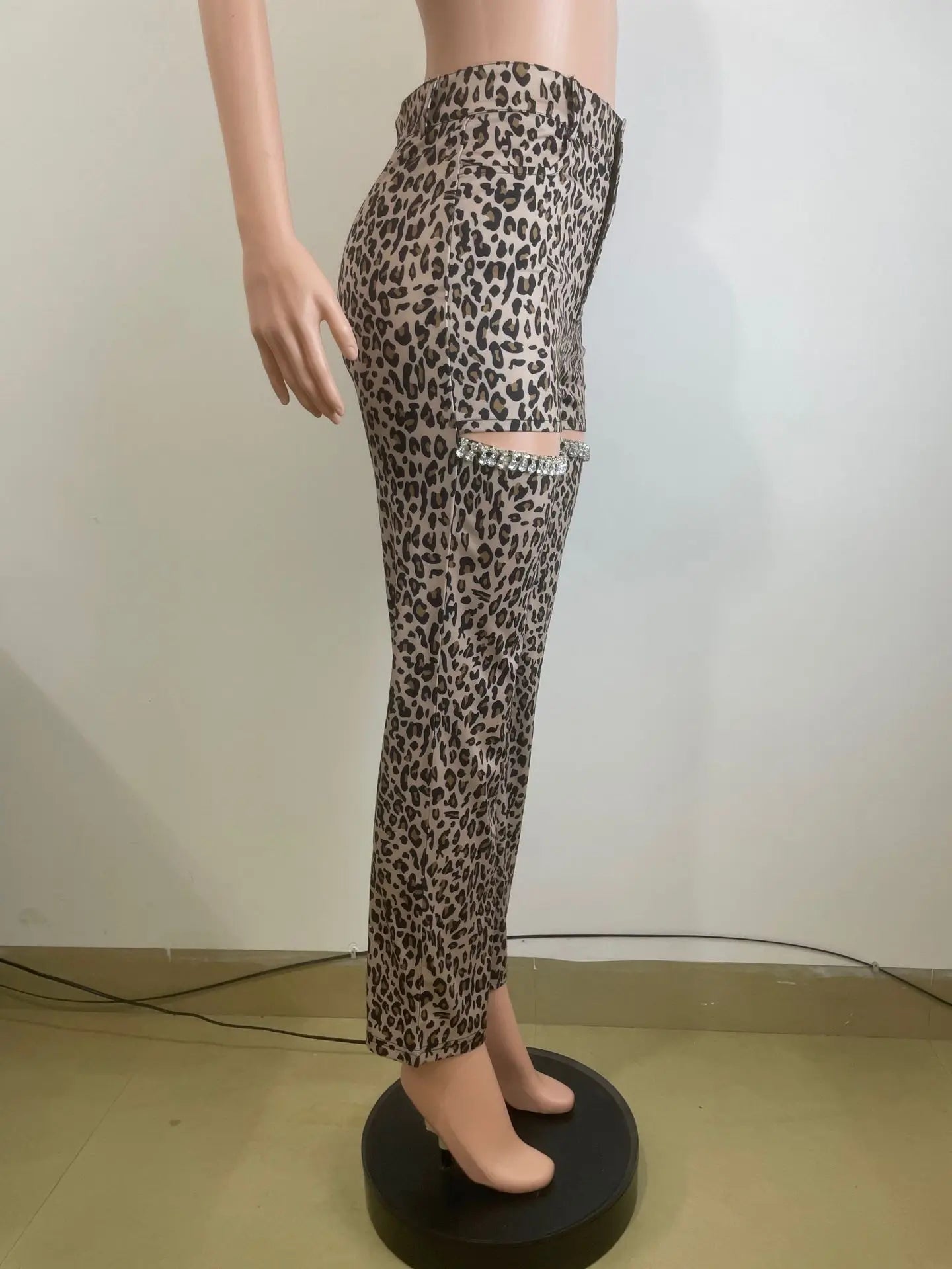 Cutout Crystal Leopard Print High Waist Jeans.