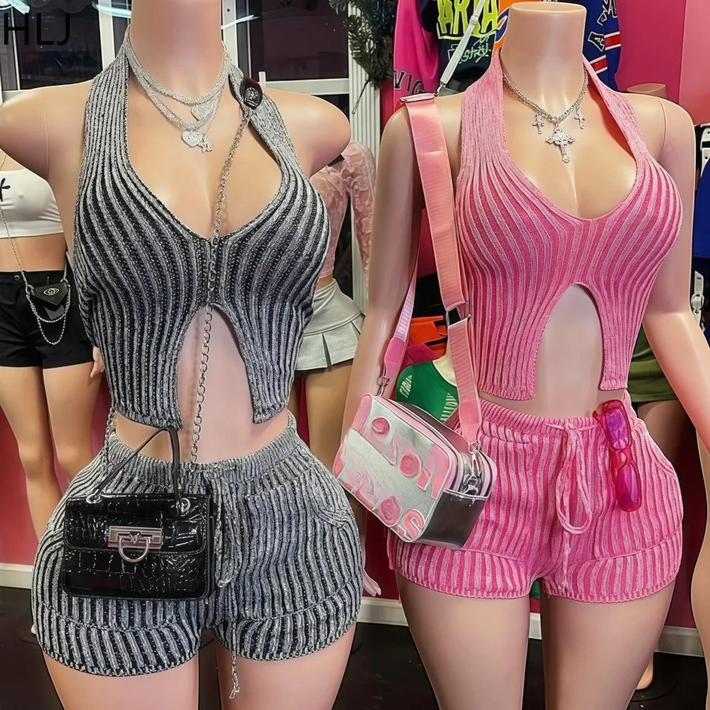 Ribbed Halter Backless Bodycon Short Set