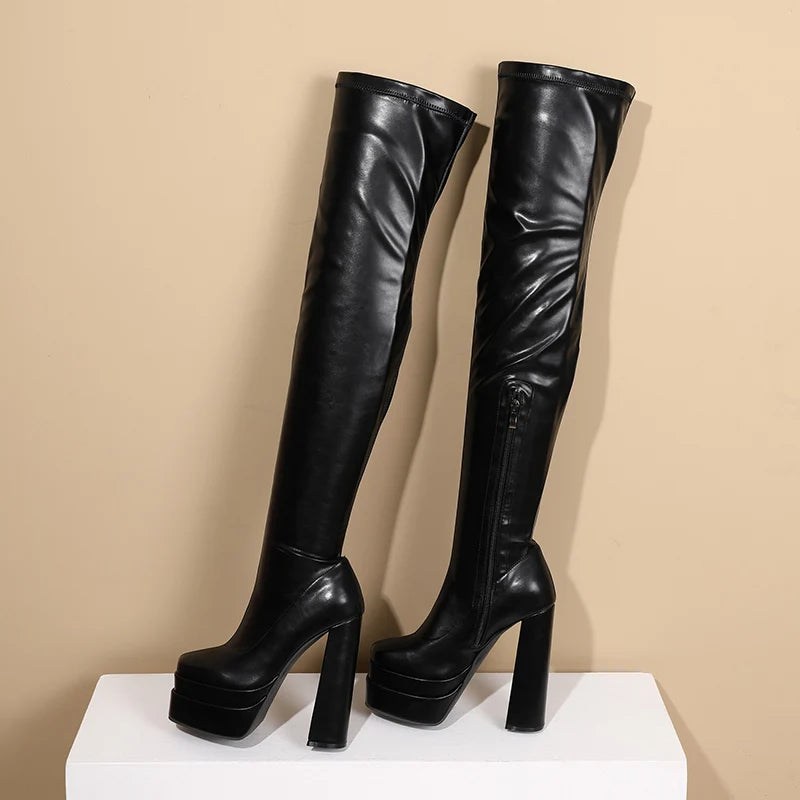 Square Toe Platform Over the Knee Heel Boots