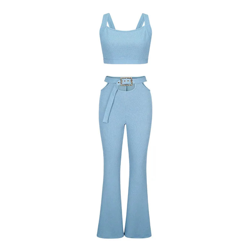 Kia Cutout Waist Belt Flare Pants Set