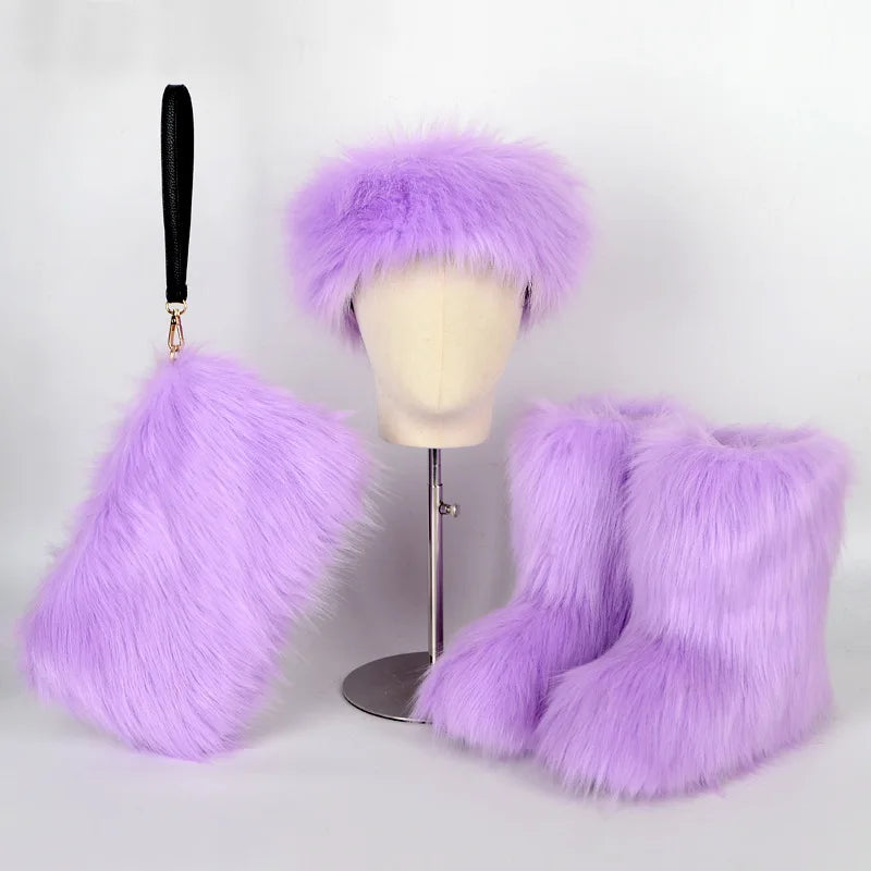 Fox Fur Snow Boots Headband and Handbag Set
