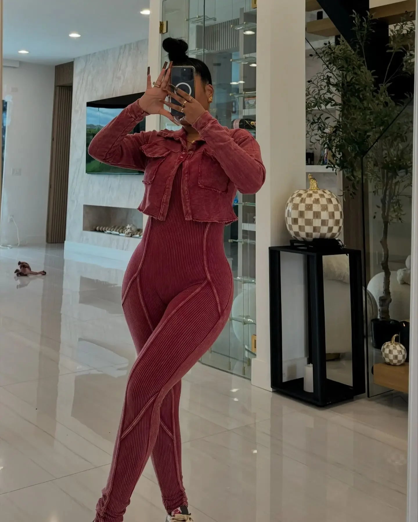 Ribbed Long Sleeve Crop Jacket + Bodycon Jumpsuit.