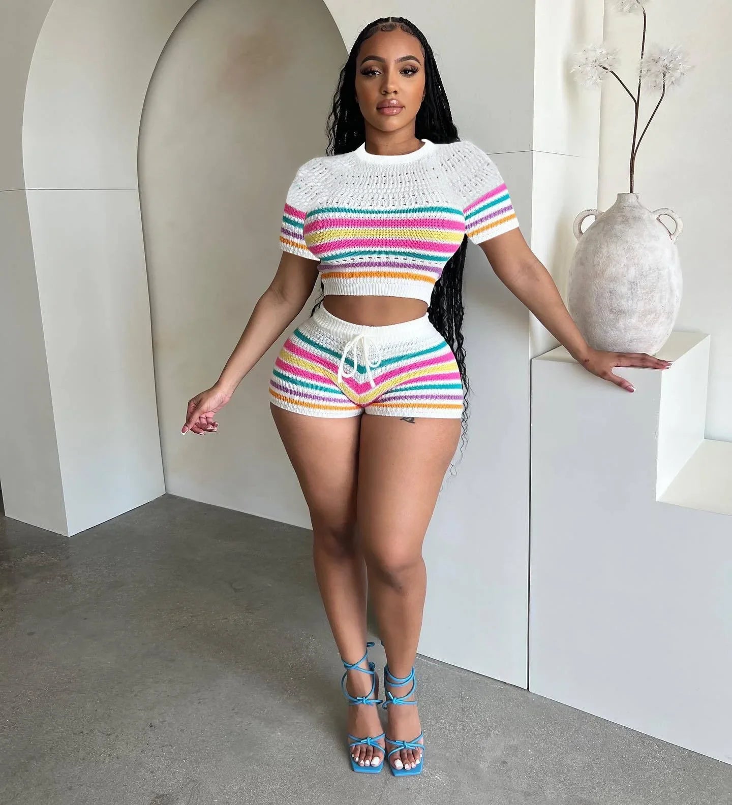 Cute Knit Striped Two-Piece Short Set