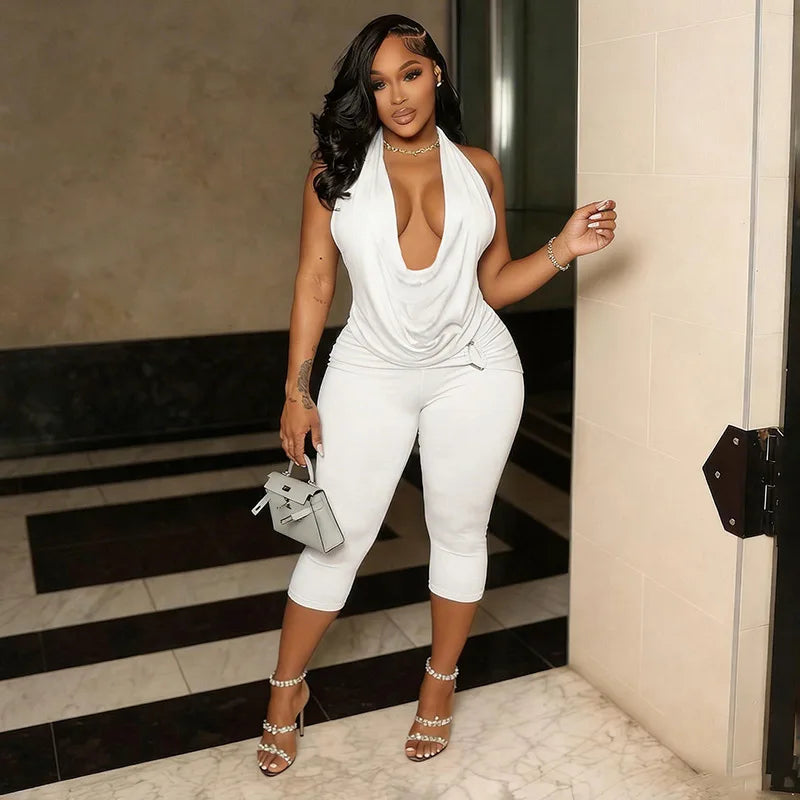 Print V-Neck Halter Two-Piece Set